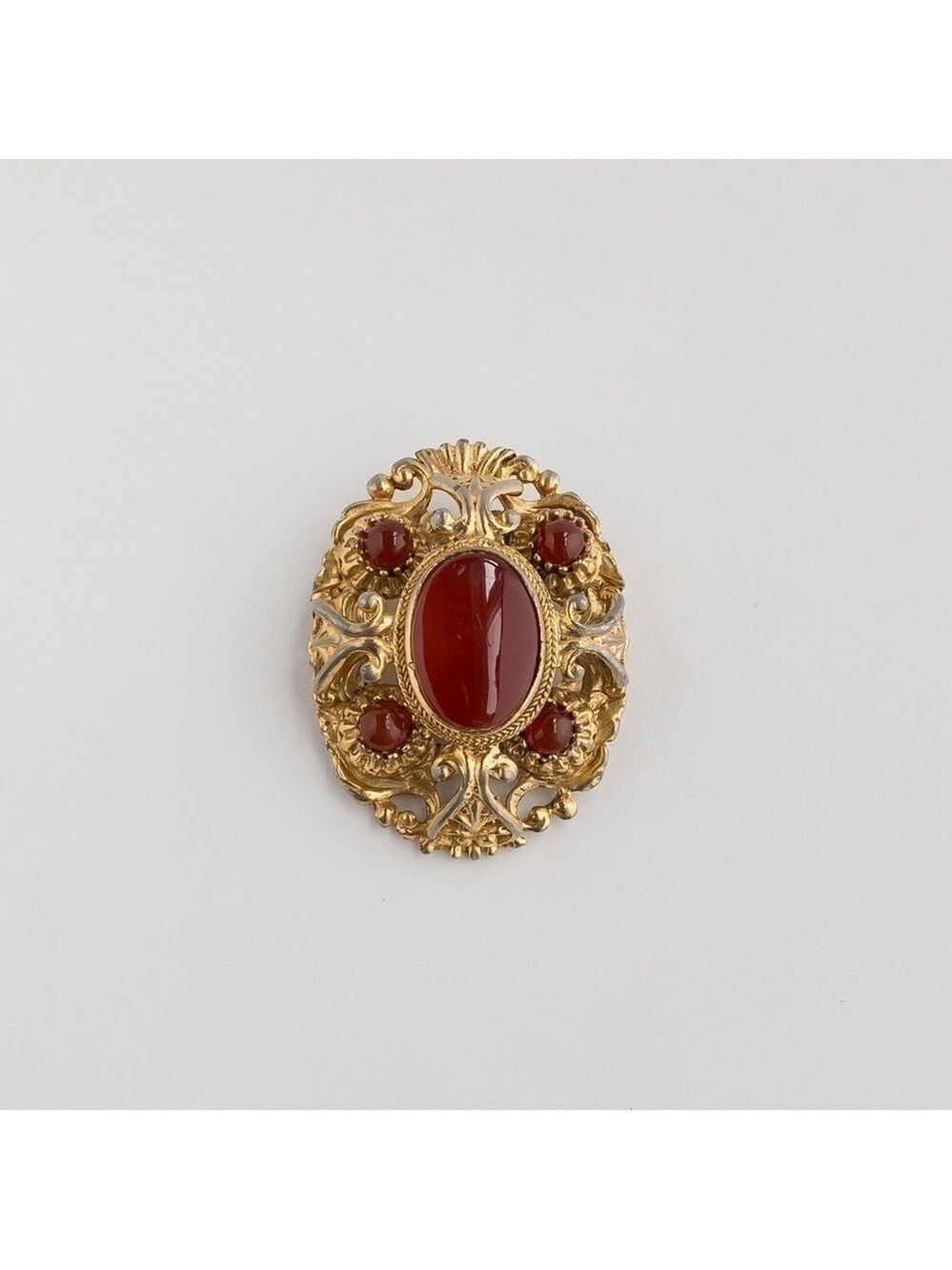 Vintage Sphinx Brooch Pin Red Poured Glass & Cabochon Rococo Baroque Style A530